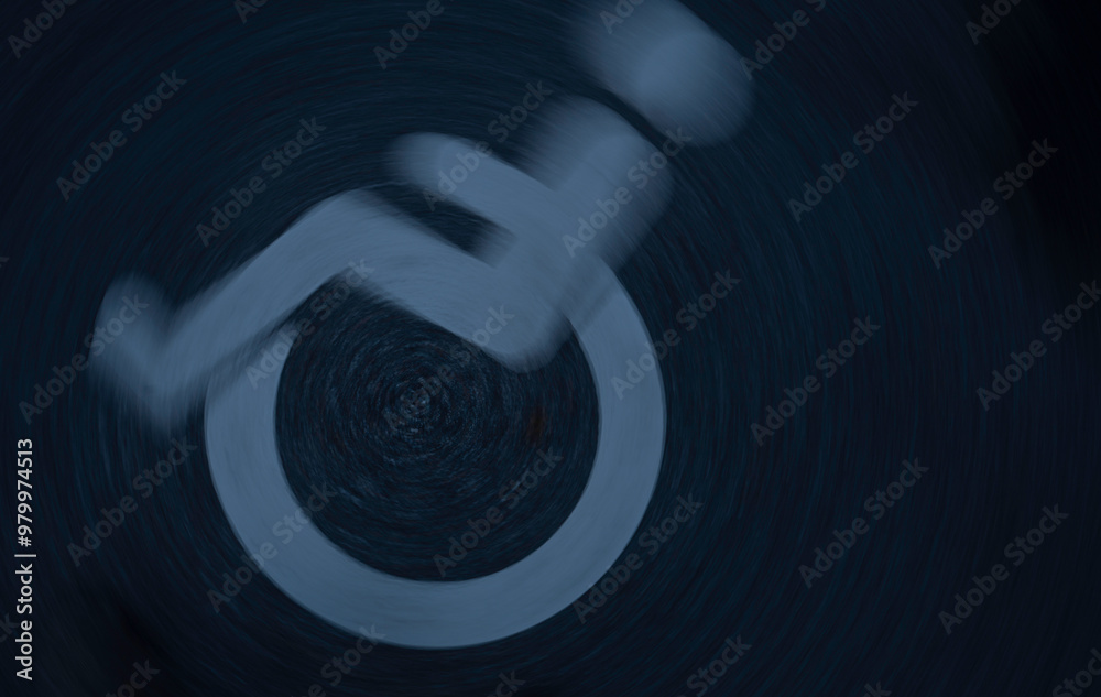 a white symbol of a wheelchair on a dark asphalt twisting around its own axis