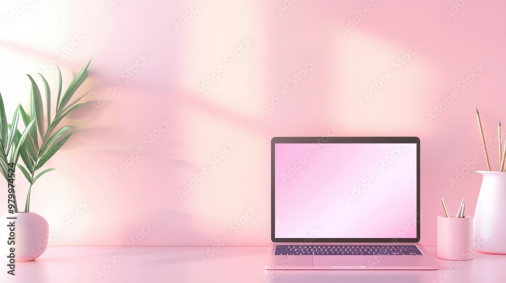 A trendy workspace with a pink laptop displaying Cyber Monday deals, set against a chic, minimalist backdrop. A trendy workspace with a pink laptop displaying Cyber Monday deals, set against a chic, minimalist backdrop.