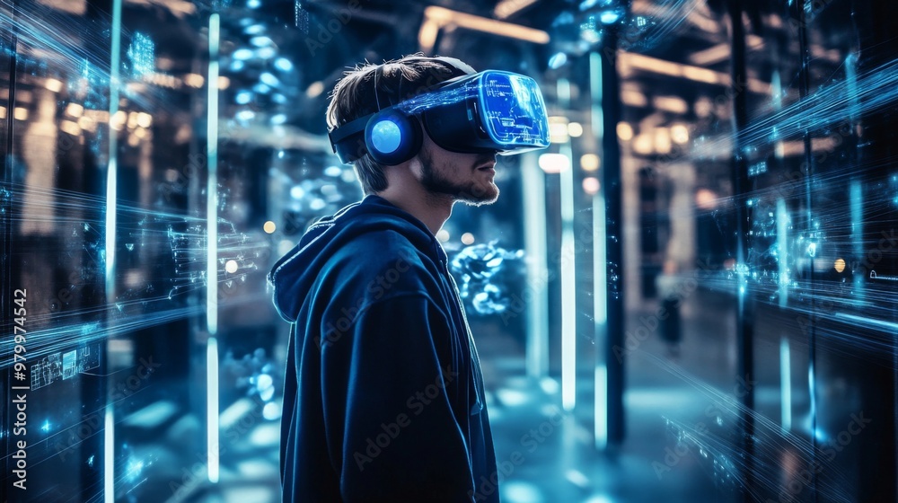 Seamless blend of digital and real-world elements through a VR headset for innovative experiences. Seamless blend of digital and real-world elements through a VR headset for innovative experiences.