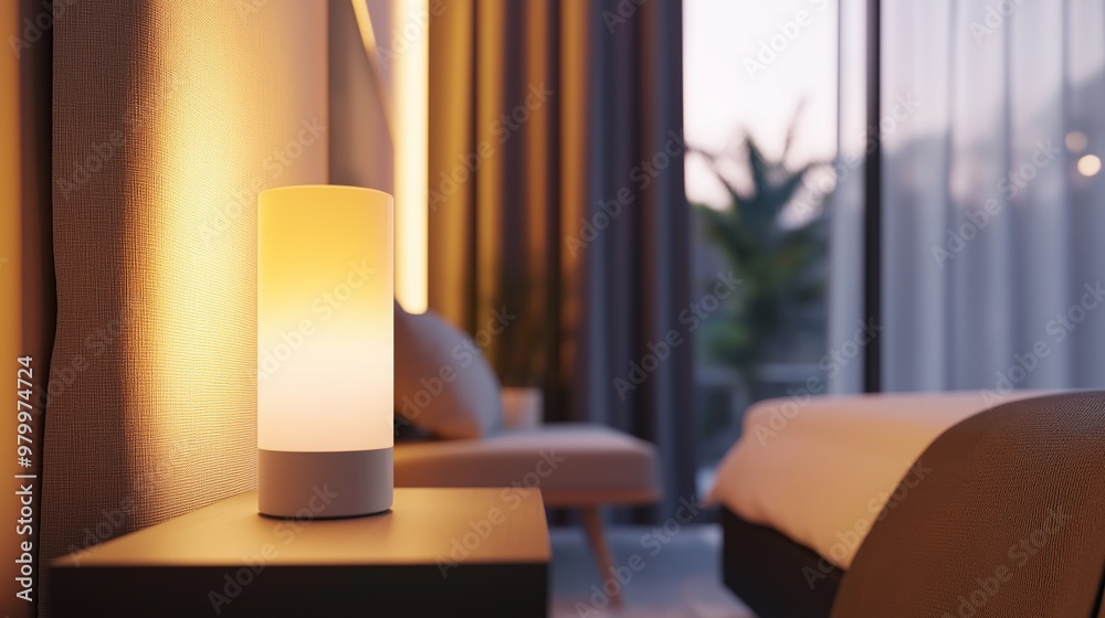 Modern bedroom with AI-controlled ambient lighting creating a warm early evening atmosphere
