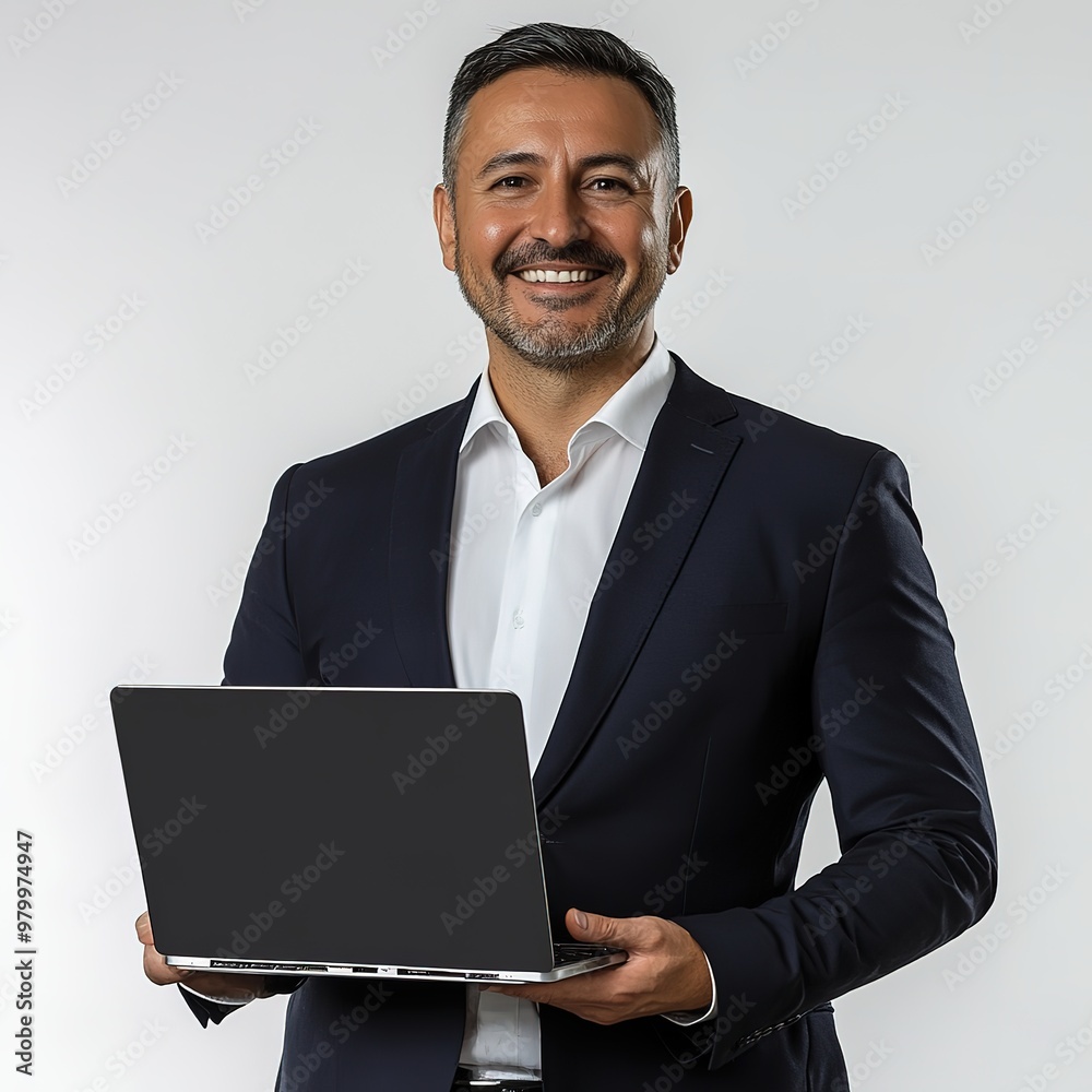 Hyper-detailed portrait of a office man smiling male executive, with short hair and a formal suit, holding an open laptop Hyper-detailed portrait of a office man smiling male executive, with short hair and a formal suit, holding an open laptop