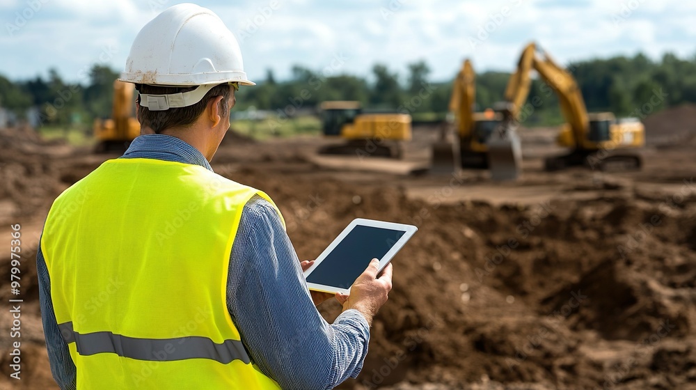 Engineer on Job Site Using Tablet to Track Progress of Excavators and Heavy Equipment for Project Monitoring Engineer on Job Site Using Tablet to Track Progress of Excavators and Heavy Equipment for Project Monitoring