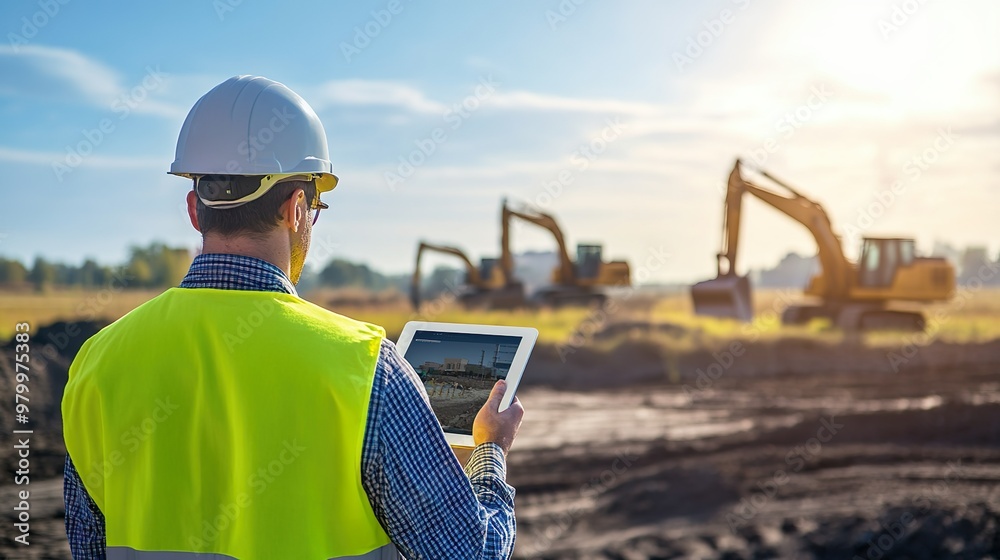 Obraz premium Construction Manager Using Tablet to Manage Excavation Equipment and Oversee Job Site Operations for Project Supervision