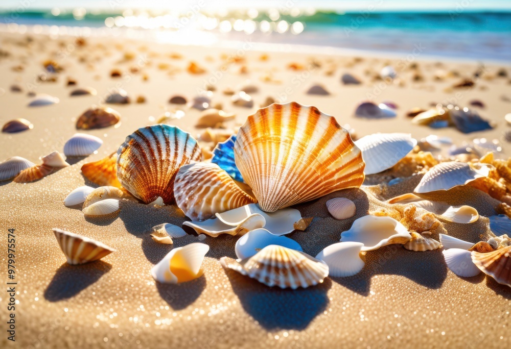 colorful shells lying sandy beach under bright sunlight clear blue sky gentle waves background, ocean, summer, coast, nature, pattern, texture, marine colorful shells lying sandy beach under bright sunlight clear blue sky gentle waves background, ocean, summer, coast, nature, pattern, texture, marine