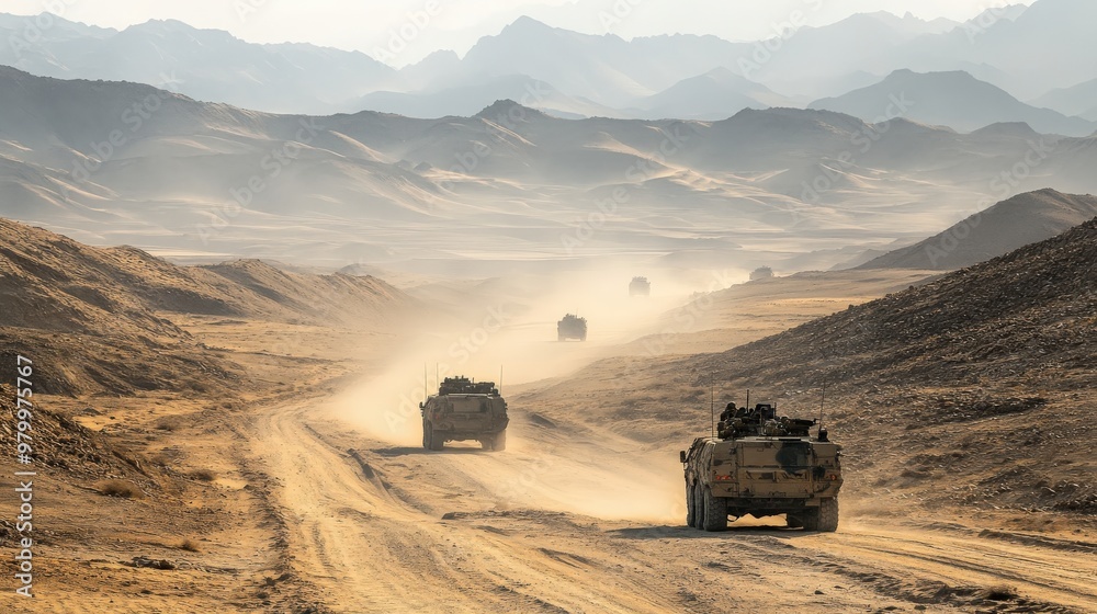 A convoy of military vehicles maneuvers along a dusty road in a rugged mountainous area, stirring up dust as they advance towards their destination in challenging terrain A convoy of military vehicles maneuvers along a dusty road in a rugged mountainous area, stirring up dust as they advance towards their destination in challenging terrain