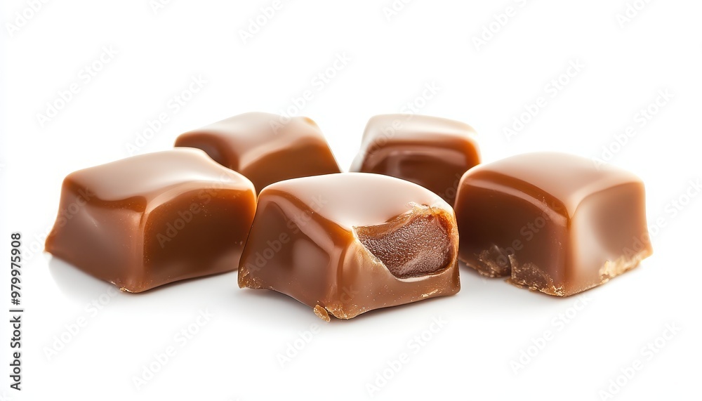 Focused on four toffee caramel candies on white background with clipping path Focused on four toffee caramel candies on white background with clipping path