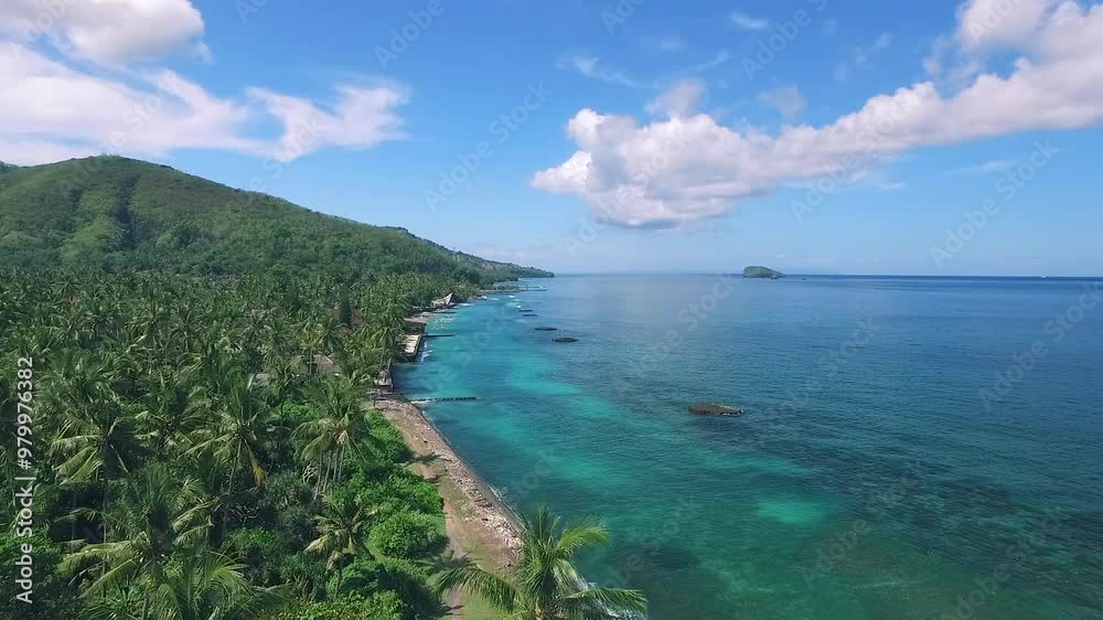 A panoramic aerial view of a lush, green coastline dotted with palm trees in Indonesia, highlighting the serene blue waters of the ocean and the untouched natural environment. A panoramic aerial view of a lush, green coastline dotted with palm trees in Indonesia, highlighting the serene blue waters of the ocean and the untouched natural environment.
