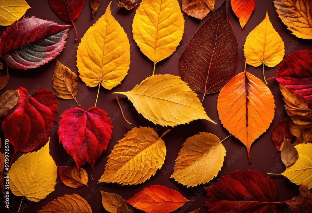 Obraz premium colorful flat lay vibrant autumn leaves displaying rich browns amidst neutral background, red, orange, yellow, nature, foliage, texture, arrangement, pattern