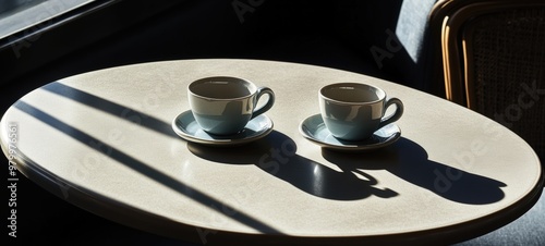 A set of two coffee cups on a table photo