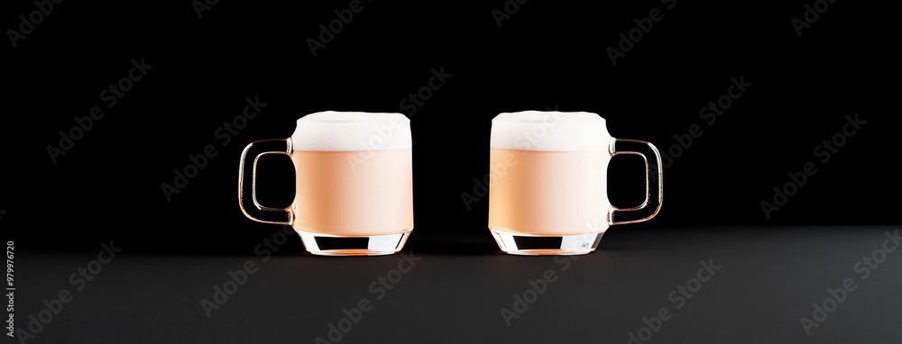 Obraz premium Two glass mugs filled with foamy beer are placed side by side on a dark surface. The light brown color of the beer contrasts vividly with the dark background.