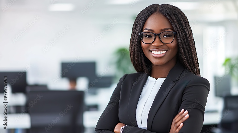 Obraz premium Young African Businesswoman in Black Suit Smiling Confidently in Bright Modern Office Setting