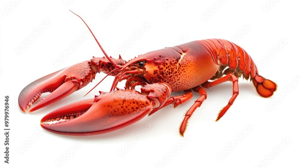 A bright red lobster, with detailed textures in its shell and claws, isolated on a white background, perfect for seafood displays. A bright red lobster, with detailed textures in its shell and claws, isolated on a white background, perfect for seafood displays.