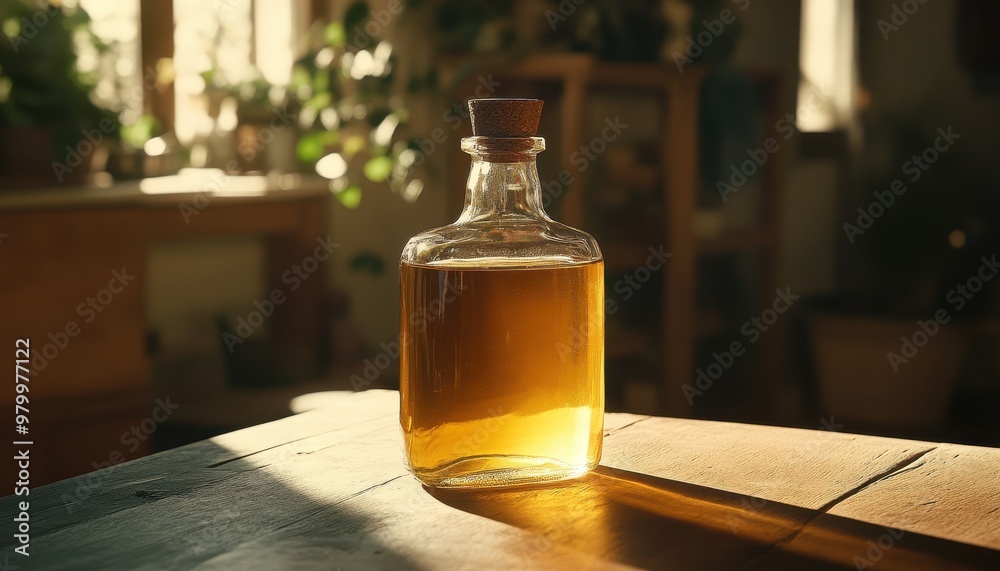 Glass bottle of apple cider vinegar on table