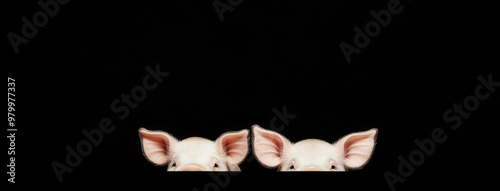 Two cute piglets are playfully peeping over a black board, their large ears and expressive faces perfectly contrasted against the dark background, evoking joy.