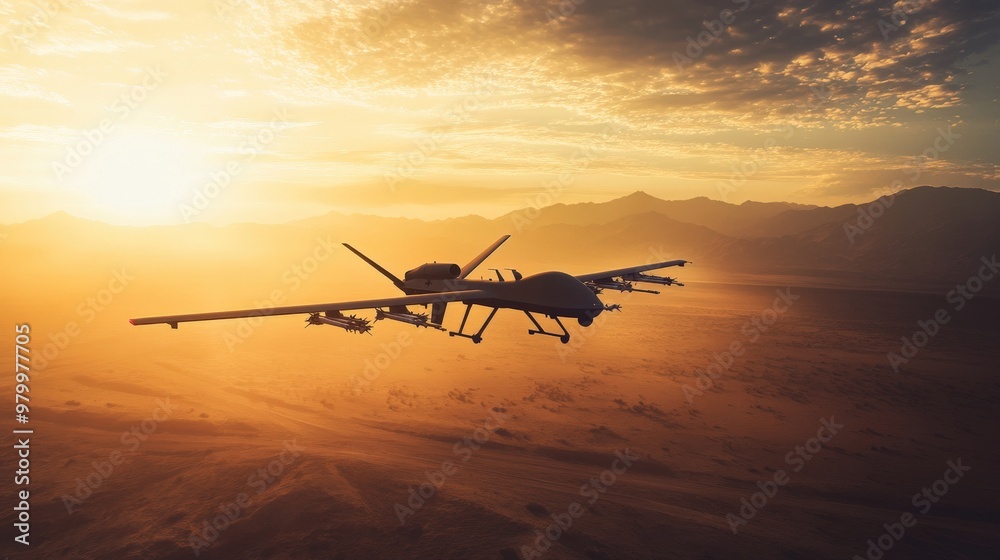 A military drone conducts aerial support missions as the sun sets over a desert landscape, ensuring strategic advantage in ongoing operations A military drone conducts aerial support missions as the sun sets over a desert landscape, ensuring strategic advantage in ongoing operations