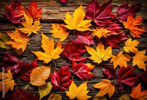 vibrant fall foliage scattered across wooden showcasing rich colors autumn leaves natural textures, timber, nature, scenery, seasonal, outdoor, landscape