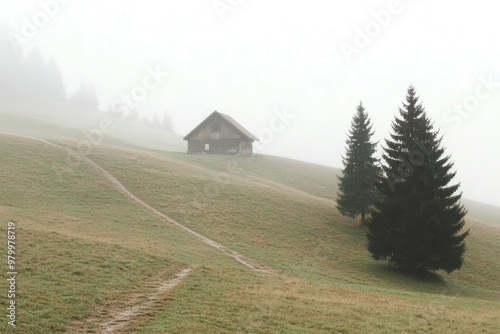 A solitary house and two trees stand on a misty sloped landscape with visible paths leading through the field, evoking a serene and nostalgic rural sensation. photo