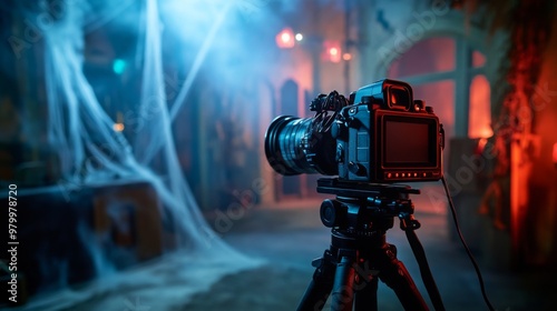 A professional camera is positioned on a tripod in a darkened room that features eerie cobweb decorations. The atmosphere is enhanced with colored lights creating a spooky ambiance for photography. photo