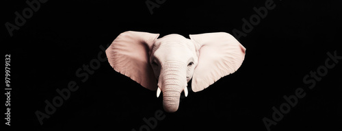 A front view of a baby elephant with its large ears spread wide and tusks visible, presented against a dark background, showcasing its adorable features. photo