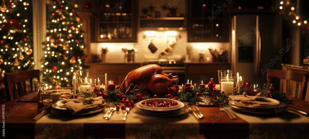 An empty Christmas kitchen, with a table set for a festive meal An empty Christmas kitchen, with a table set for a festive meal