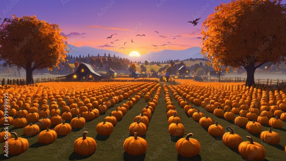 Fototapeta premium A serene pumpkin farm basking in the golden glow of sunset, with rows of pumpkins ready for harvest and a cozy barn surrounded by vibrant autumn foliage