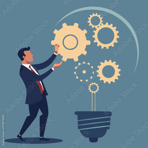 Innovation or product development, idea or solution to solve business problem, invention or technology creation to build new product, efficiency concept, businessman build gear in lightbulb idea