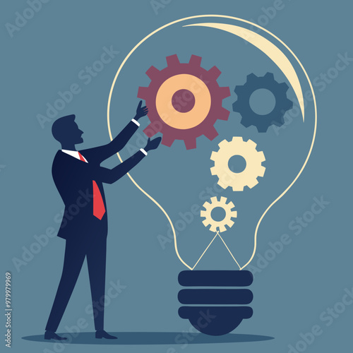 Innovation or product development, idea or solution to solve business problem, invention or technology creation to build new product, efficiency concept, businessman build gear in lightbulb idea