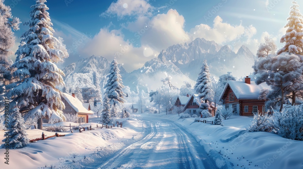 Fototapeta premium Snowy mountain village with houses and pine trees under a bright blue sky.