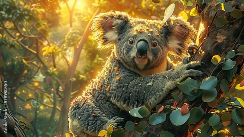 A pixelated koala clinging to eucalyptus tree in Australian forest. AI generate illustration photo