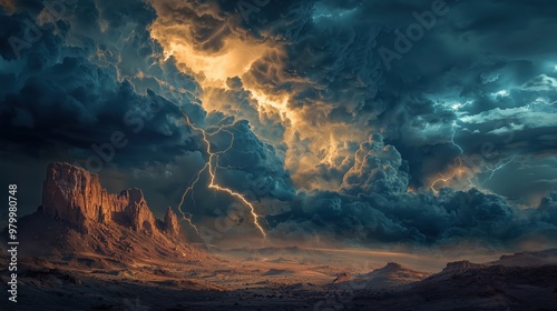 Dramatic thunderstorm rolls over desert landscape at dusk with dark clouds and striking lightning illuminating the sky