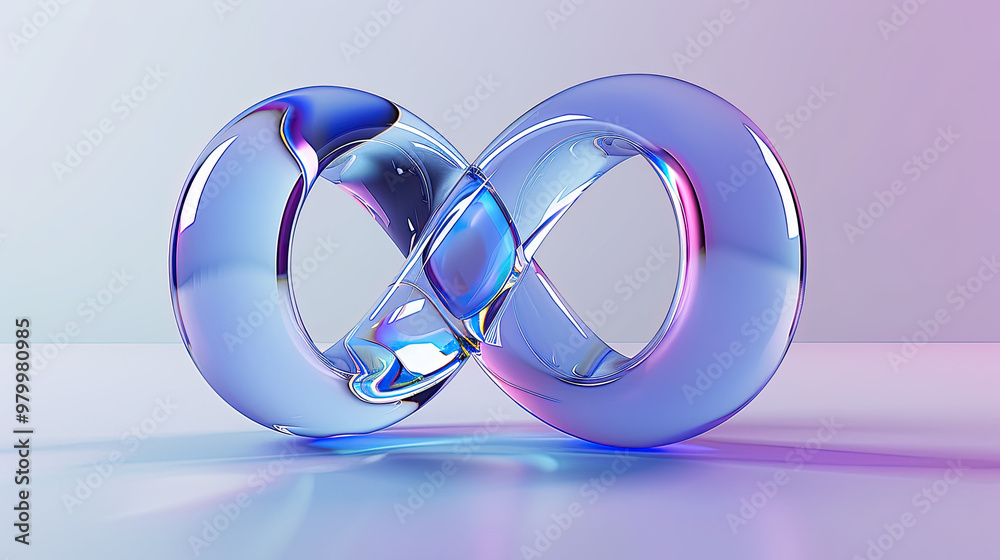 Abstract glass geometric figure in shape of infinity 3d render. Holographic wavy sculpture, transparent iridescent art object of crystal or plastic form isolated on purple background. Abstract glass geometric figure in shape of infinity 3d render. Holographic wavy sculpture, transparent iridescent art object of crystal or plastic form isolated on purple background.