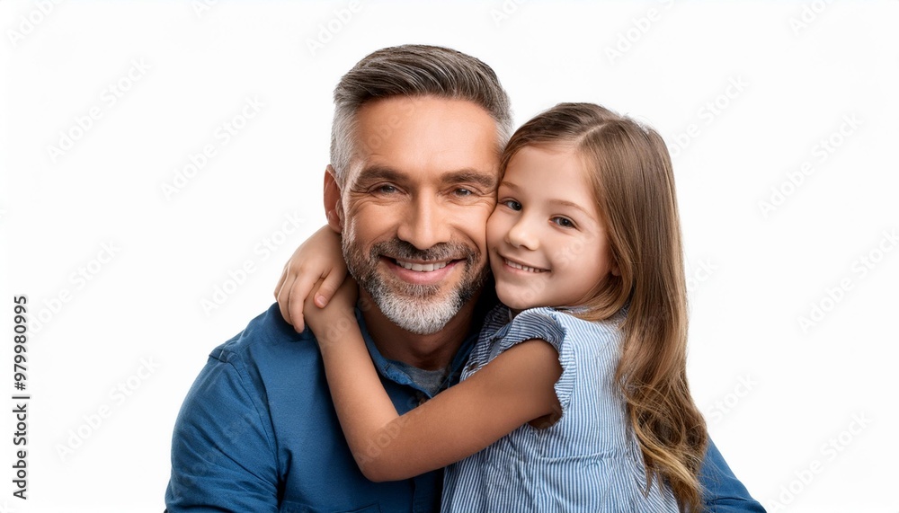 Authentic Father and Daughter Hugging Isolated on White Background, Clipping Path, Full Depth of Field Authentic Father and Daughter Hugging Isolated on White Background, Clipping Path, Full Depth of Field