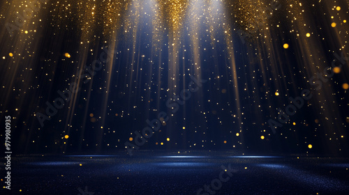 Spotlight on Dark Stage with Golden Glitter Falling from Above