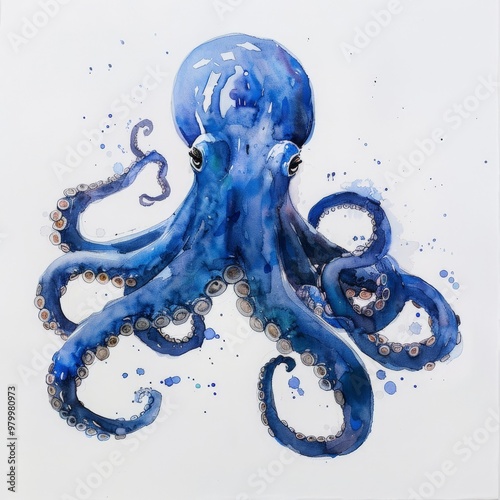 A stunning aquarelle artwork showcases a blue octopus with beautifully rendered tentacles. The delicate brushwork captures the essence of the sea creature in an artistic way photo