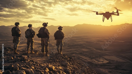 A military reconnaissance team gathers on a rocky ledge, observing a drone in flight against the backdrop of a vibrant sunset and expansive mountains