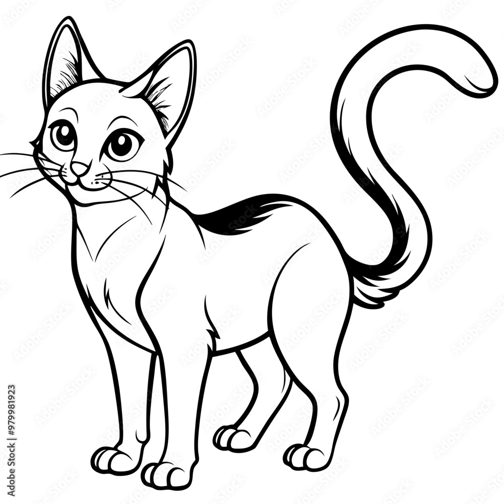 Stylized line art Cat with Curved Tail and Alert Ears Vector