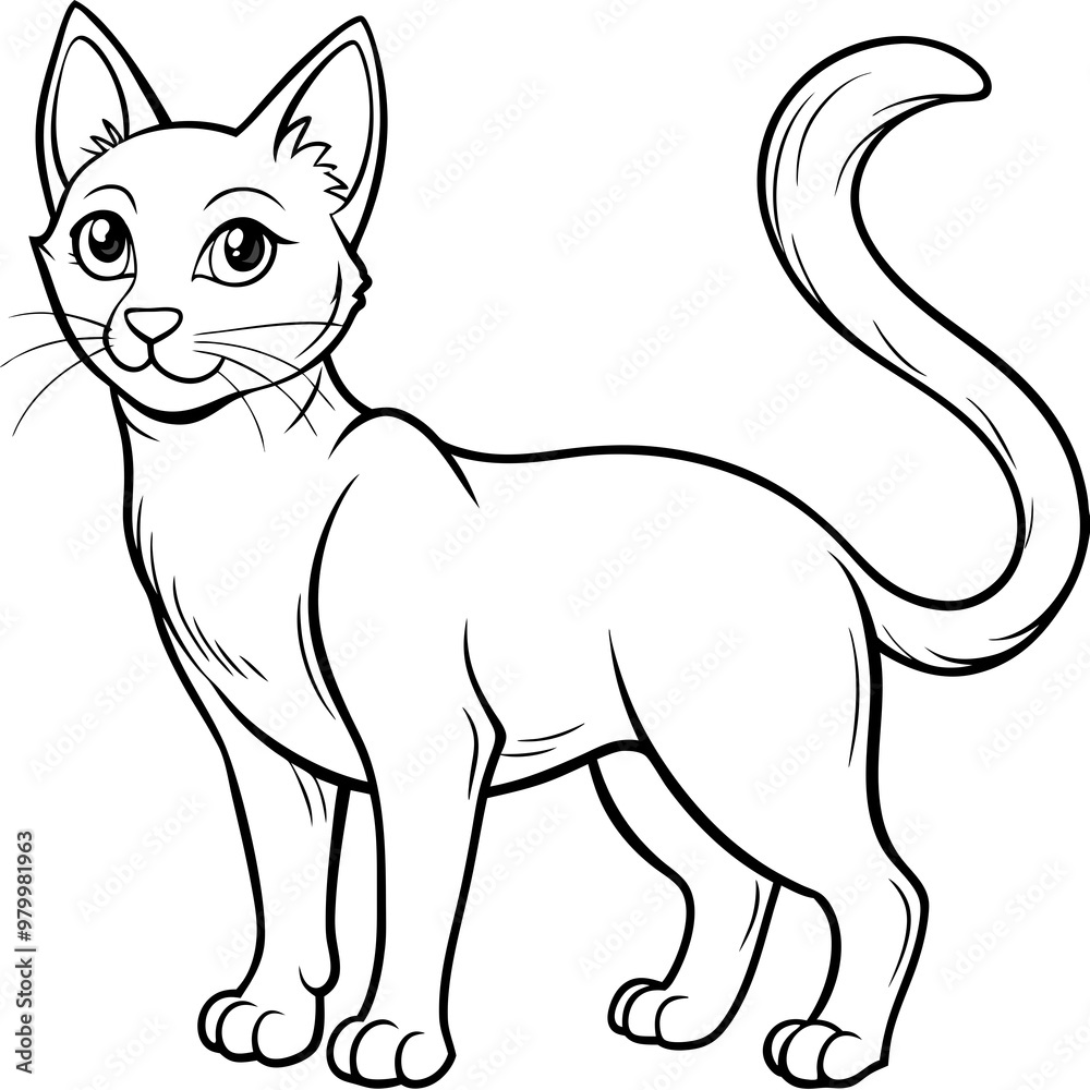 Stylized line art Cat with Curved Tail and Alert Ears Vector Stylized line art Cat with Curved Tail and Alert Ears Vector