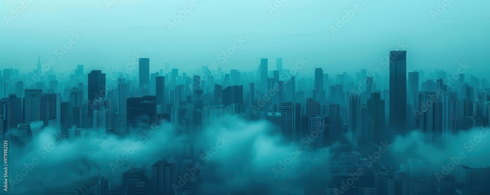 Dark oxygen clouds over a dystopian cityscape, dark oxygen, bleak and futuristic, copy space for text, focus cover all object, deep dept of field