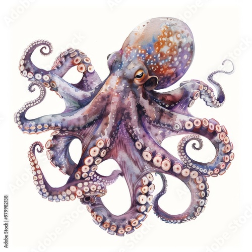 The vibrant octopus is illustrated in aquarelle style, showcasing its colorful patterns and tentacles as it moves gracefully through the ocean, reflecting the beauty of marine life