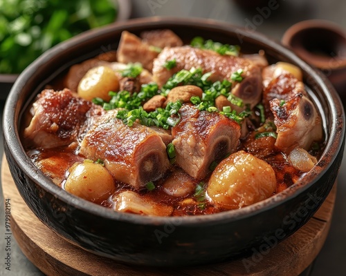 Macro shot of Taiwanese pork knuckle in rustic setting photo