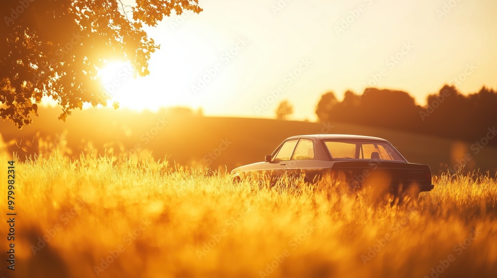 A car parked in a sunlit field during golden hour, with warm light creating a dreamy and peaceful atmosphere. A car parked in a sunlit field during golden hour, with warm light creating a dreamy and peaceful atmosphere.