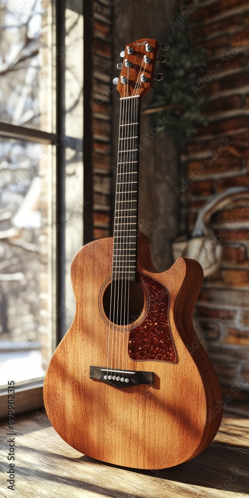 Fototapeta premium Wooden Acoustic Guitar with Six Strings and Knobs in Rustic Setting