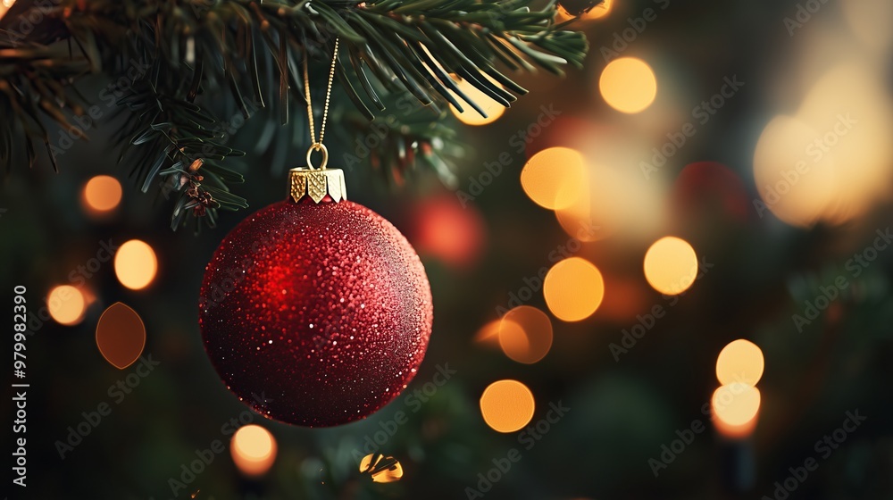 A glittery red Christmas ornament hanging on a green tree branch A glittery red Christmas ornament hanging on a green tree branch