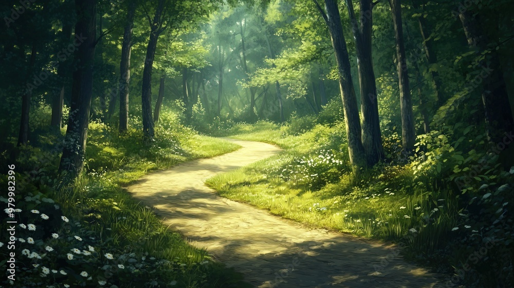 A peaceful dirt pathway meanders through a lush A peaceful dirt pathway meanders through a lush