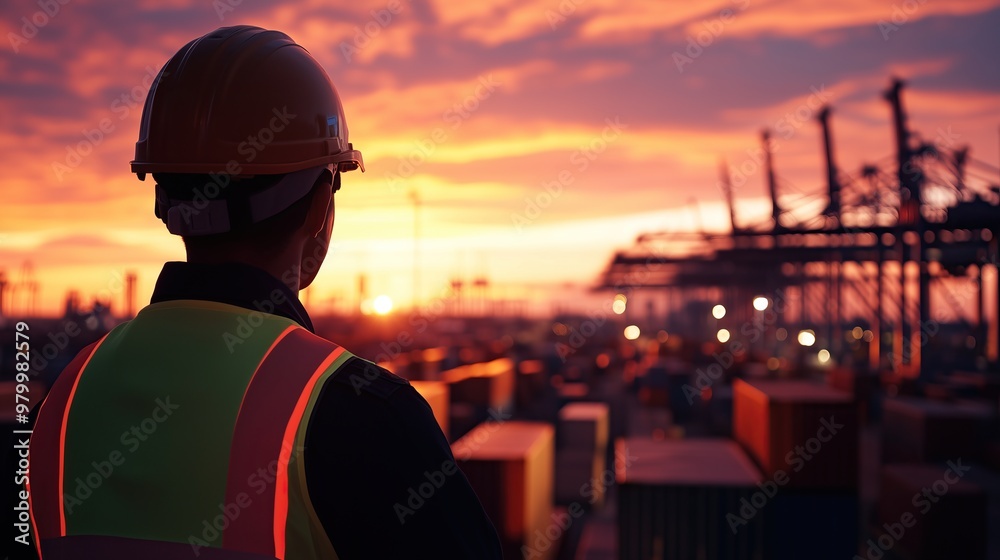 A worker in a high-visibility vest and helmet observes A worker in a high-visibility vest and helmet observes