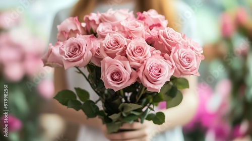 A woman holding a beautiful bouquet of pink roses