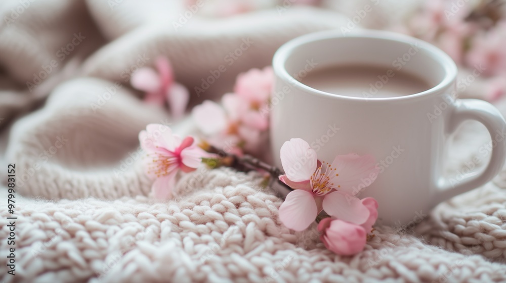 White mug and pink flowers on knitted blanket with cherry blossoms White mug and pink flowers on knitted blanket with cherry blossoms