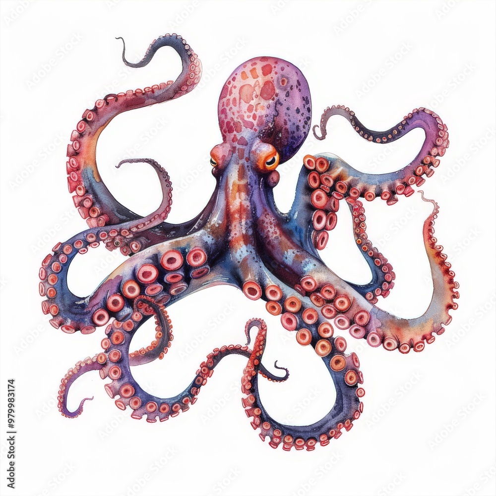 This artwork features a splendid octopus rendered in aquarelle, highlighting its detailed tentacles and vivid colors, capturing the beauty of marine life This artwork features a splendid octopus rendered in aquarelle, highlighting its detailed tentacles and vivid colors, capturing the beauty of marine life