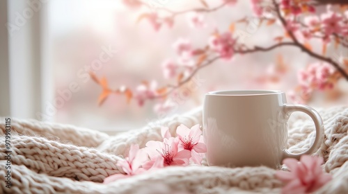 Wallpaper Mural White mug and pink flowers on knitted blanket with cherry blossoms Torontodigital.ca