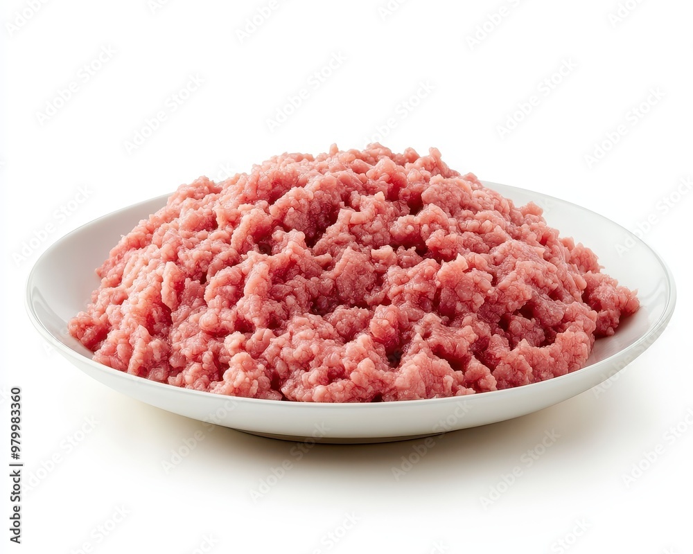 Minced pork in white plate on white background Minced pork in white plate on white background